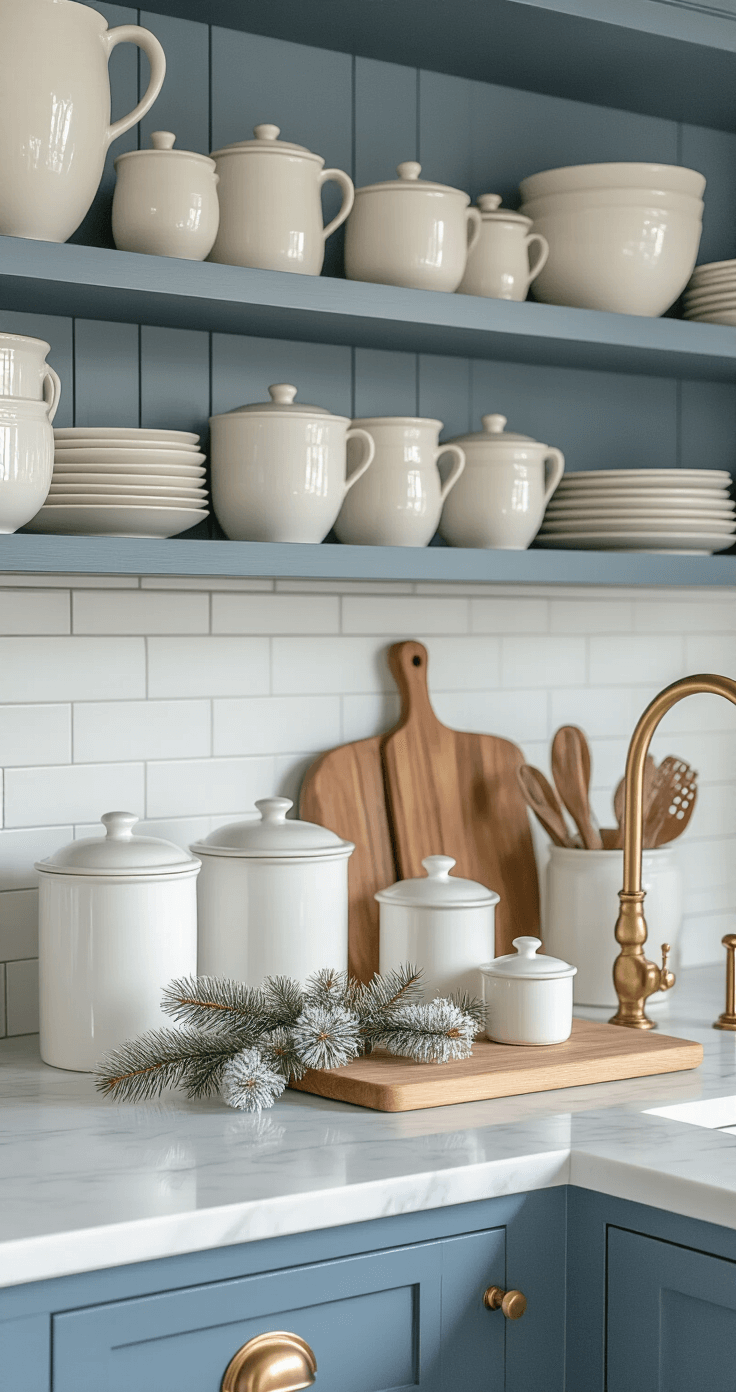 Serene & Stylish: The Ultimate Guide to Neutral Christmas Decor A cozy kitchen scene at blue hour featuring a marble countertop vignette with white ceramic canisters, wooden cutting boards, and frosted pine sprigs in vintage crocks, complemented by open shelving showcasing cream and white pottery, accented with brass cabinet hardware and faucet details, all captured in macro focus with mixed under-cabinet and pendant lighting.