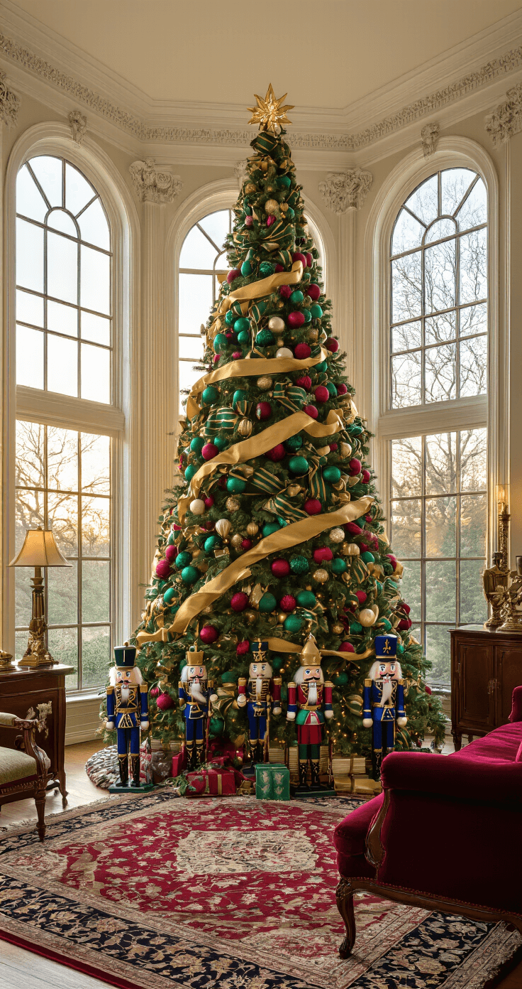 Magical Nutcracker Christmas Tree: Your Ultimate Styling Guide A luxurious living room showcasing a stunning Nutcracker Christmas tree adorned with jewel-toned ornaments and gold ribbon, surrounded by rich mahogany furniture and plush burgundy velvet sofa, all bathed in warm golden hour light.