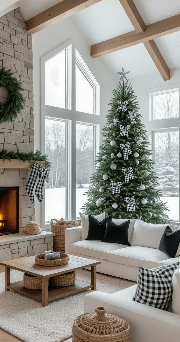 Black and White Christmas Tree: A Modern Holiday Decor Statement Spacious Scandinavian-style family room with white oak beams, large windows showing a snowy landscape, a decorated green Christmas tree beside a stone fireplace, and a cozy sectional sofa, capturing a warm hygge atmosphere.