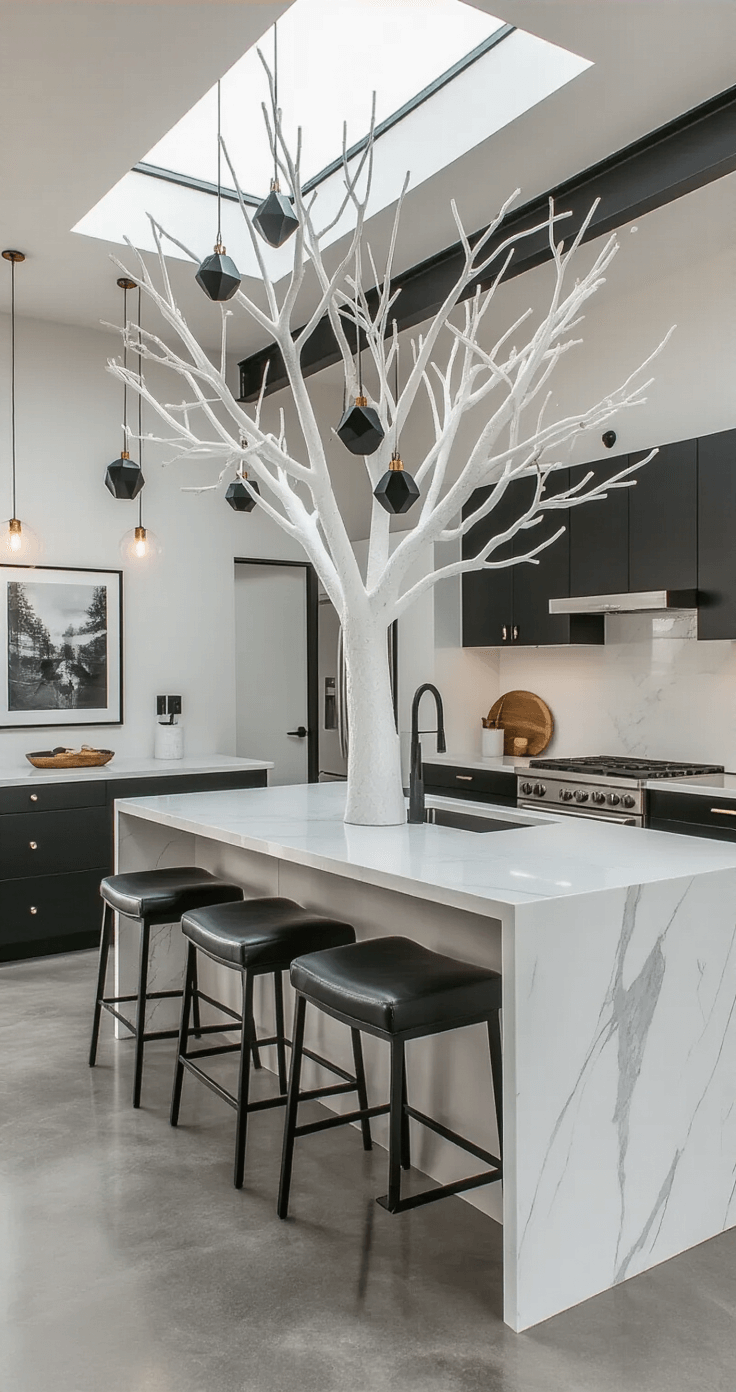 Black and White Christmas Tree: A Modern Holiday Decor Statement A contemporary open-concept kitchen and living area featuring polished concrete floors, a unique white tree branch sculpture on the island, modern white quartz countertops, matte black cabinet hardware, stainless steel appliances, minimalist bar stools, and pendant lights with brass accents, all illuminated by natural light from skylights.