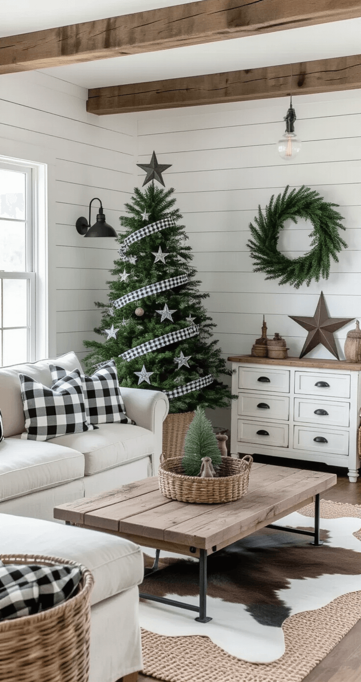 Black and White Christmas Tree: A Modern Holiday Decor Statement Cozy farmhouse living room featuring shiplap walls, reclaimed wood beams, a 6-foot green Christmas tree adorned with buffalo check ribbons and rustic ornaments, alongside a distressed white console table, linen sectional with striped pillows, vintage coffee table, and cowhide rug, all bathed in soft afternoon light.