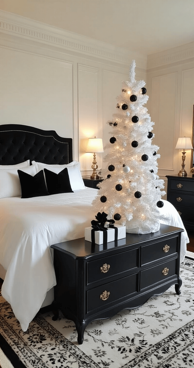 Black and White Christmas Tree: A Modern Holiday Decor Statement Luxurious master bedroom suite featuring a tray ceiling with crown molding, intimate white tree on an antique black dresser, plush king bed with elegant linens and pillows, layered textures, and warm evening lighting.