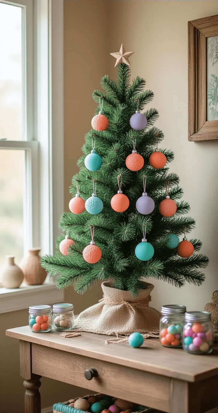 Colorful Christmas Tree: The Ultimate Guide to Festive, Eye-Catching Holiday Decor Cozy holiday corner with a small 4-foot artificial green tree decorated with spray-painted coral, turquoise, and lavender ornaments. Natural light illuminates a rustic wooden side table displaying handmade paper ornaments and colorful ribbons. Vintage furniture and warm beige walls in the background, with mason jars of crafting supplies nearby, creating an intimate, crafty atmosphere.