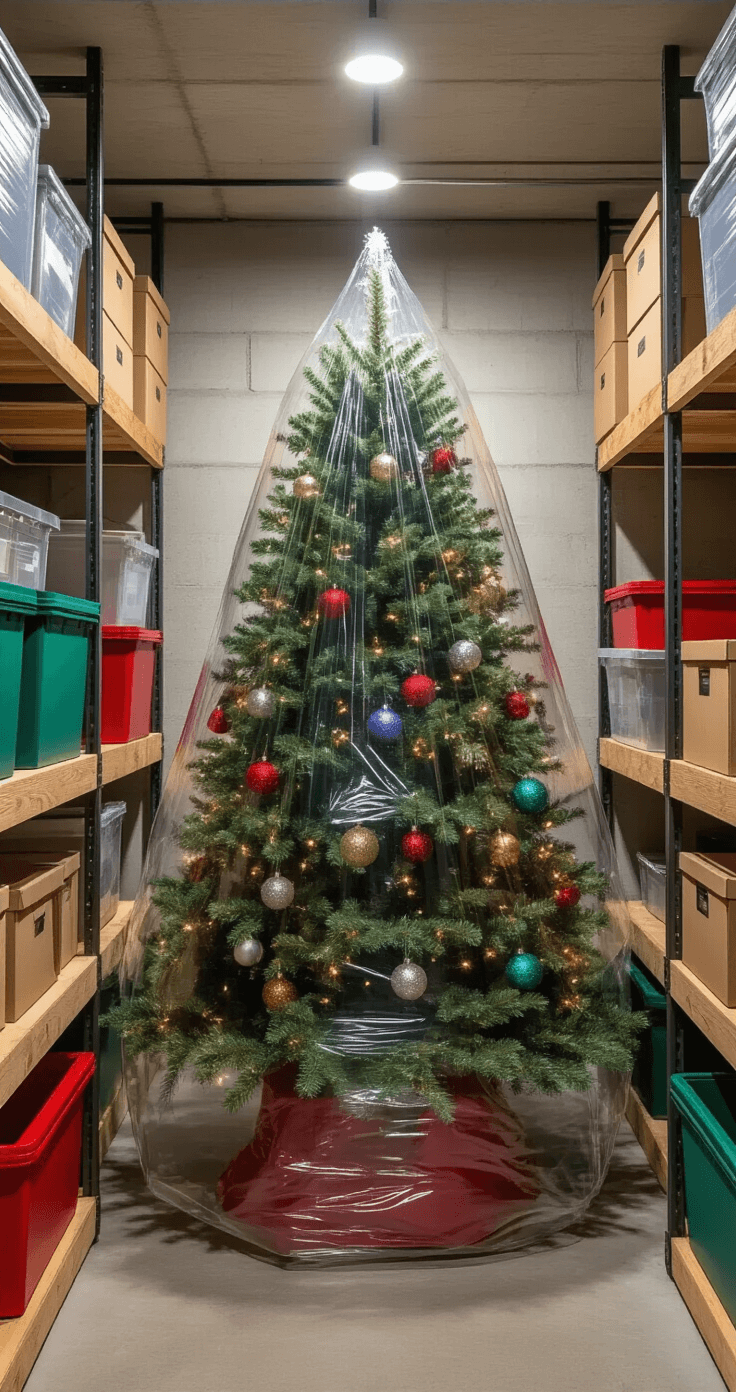 Colorful Christmas Tree: The Ultimate Guide to Festive, Eye-Catching Holiday Decor An organized storage room with a colorful Christmas tree in a clear protective bag, illuminated by soft LED lights, featuring light gray concrete walls, built-in wooden shelving with labeled boxes, and industrial metal shelving units.