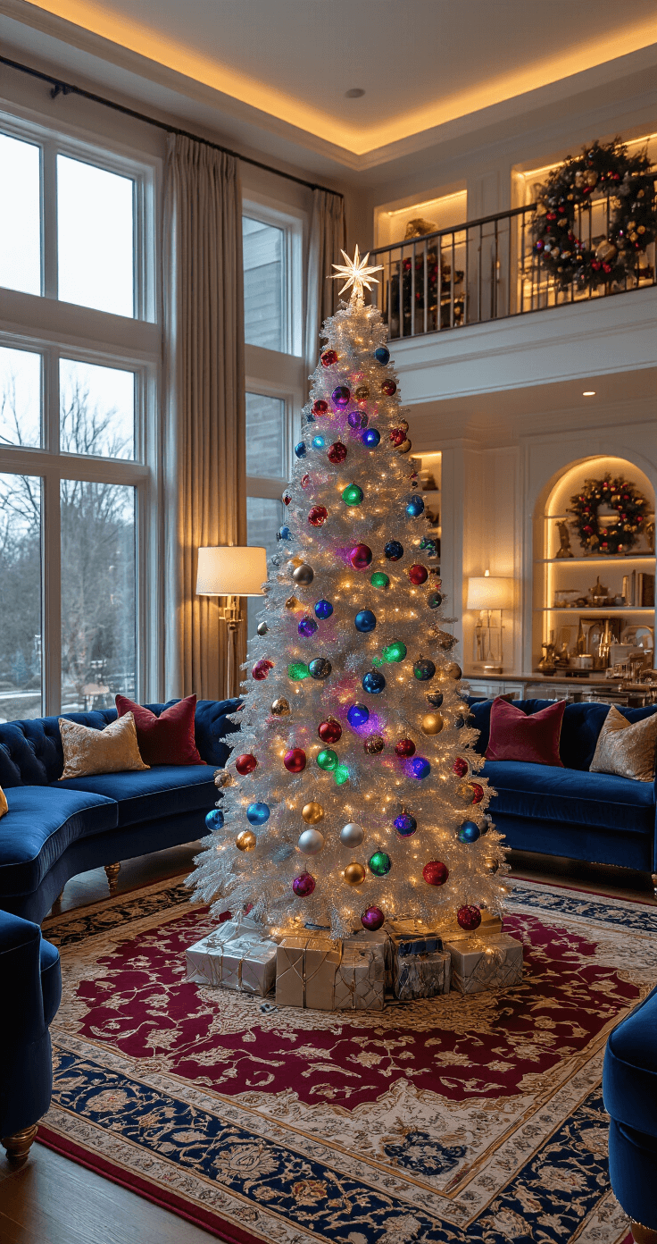 Colorful Christmas Tree: The Ultimate Guide to Festive, Eye-Catching Holiday Decor A designer living room featuring a striking 9-foot metallic silver Christmas tree adorned with rainbow LED lights and oversized jewel-tone ornaments, surrounded by luxury navy velvet furniture with brass accents and highlighted by warm lighting. A Persian area rug in deep burgundy and gold anchors the seating area, while floor-to-ceiling built-ins display coordinating holiday decor, creating an opulent and sophisticated atmosphere.
