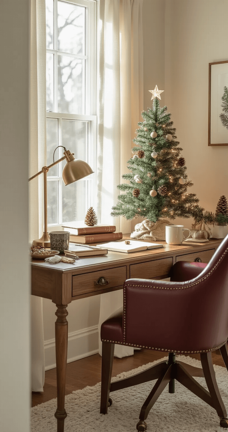 Tiny Trees, Big Holiday Magic: The Ultimate Guide to Small Christmas Tree Decor A cozy home office nook featuring a petite flocked Christmas tree adorned with wooden ornaments and LED lights, paired with a walnut desk, brass lamp, leather journals, and a burgundy chair, all bathed in soft morning light.