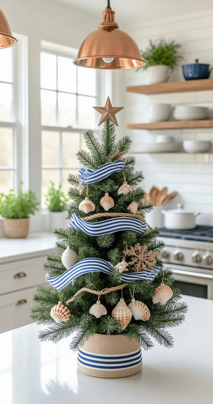 Tiny Trees, Big Holiday Magic: The Ultimate Guide to Small Christmas Tree Decor A medium shot of a bright kitchen counter vignette featuring a coastal-themed Christmas tree with seashell ornaments, blue and white striped ribbon, and rope garland, set against a backdrop of white subway tile, open shelving, and fresh herbs in mason jars, illuminated by natural afternoon light.