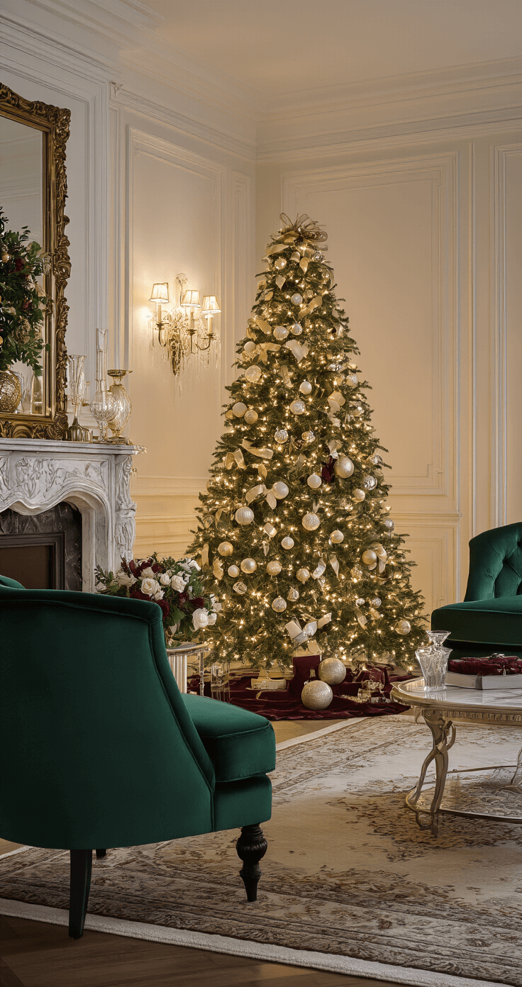 Tiny Trees, Big Holiday Magic: The Ultimate Guide to Small Christmas Tree Decor Luxurious living room corner with premium Christmas tree on ornate side table, velvet armchair, and marble fireplace, adorned with hand-blown glass ornaments and vintage metallic accents, featuring layered ambient lighting, rich emerald upholstery, Persian rug, crystal decanters, and fresh floral arrangements, creating a sophisticated holiday atmosphere.