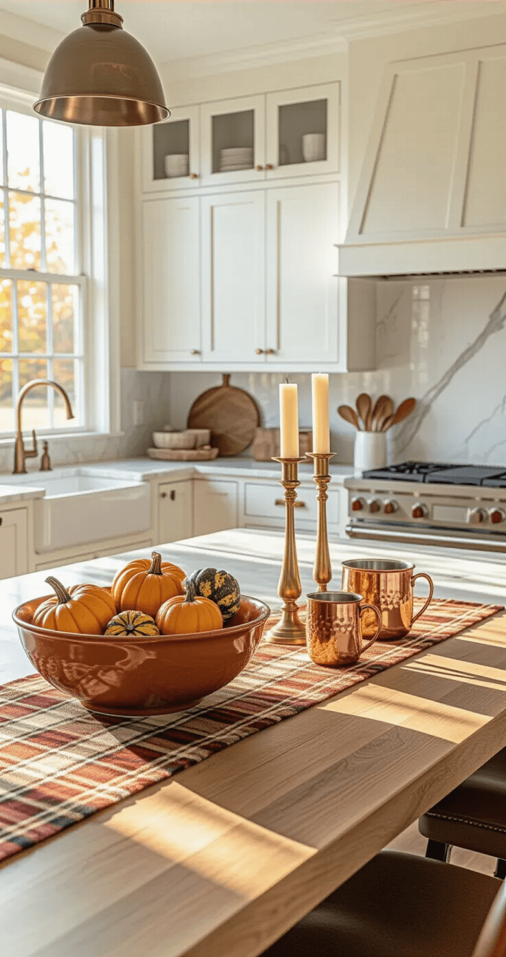 Cozy Fall Kitchen Decor: Transform Your Space with Warmth and Style Photorealistic image of a spacious farmhouse kitchen with white shaker cabinets and butcher block countertops, featuring a central island adorned with a burnt orange bowl of mini gourds, brass candlesticks, and copper mugs, all bathed in warm golden hour sunlight.