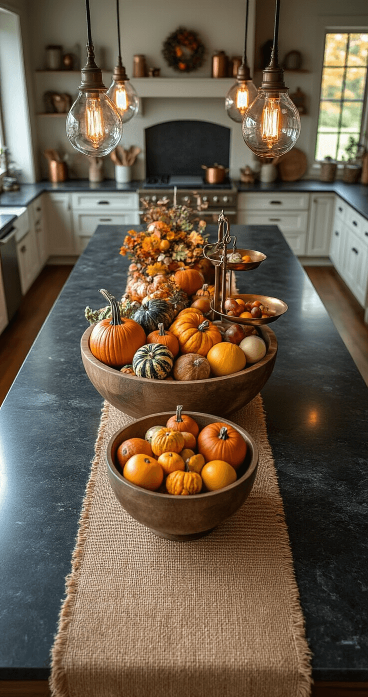 Cozy Fall Kitchen Decor: Transform Your Space with Warmth and Style Overhead view of a fall centerpiece on a dark granite kitchen island, featuring a wooden dough bowl filled with pumpkins, a vintage brass scale with fruits, and mercury glass votives, all arranged in a triangular layout with a jute runner and illuminated by warm pendant lights.