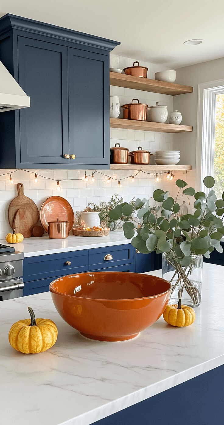Cozy Fall Kitchen Decor: Transform Your Space with Warmth and Style Professional kitchen with white marble countertops and navy blue cabinets styled for fall, featuring copper pots, autumn ceramics, a burnt orange serving bowl, decorative gourds, string lights, and fresh eucalyptus in vases, illuminated by task lighting and natural sunlight.