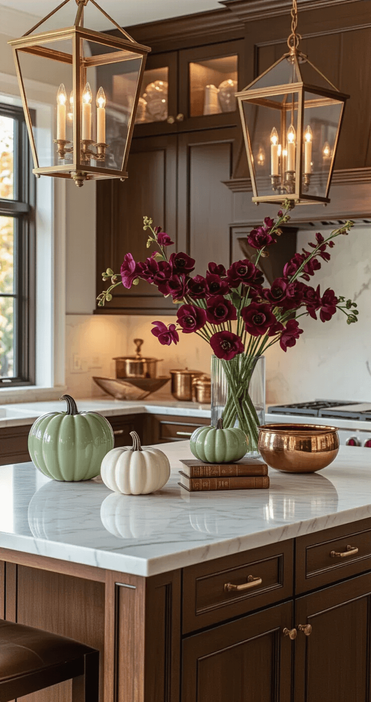 Luxurious kitchen with walnut cabinetry and Carrara marble island, featuring fall decor like ceramic pumpkins, hurricane lanterns, and deep burgundy orchids, all enhanced by warm brass fixtures and dramatic evening lighting.