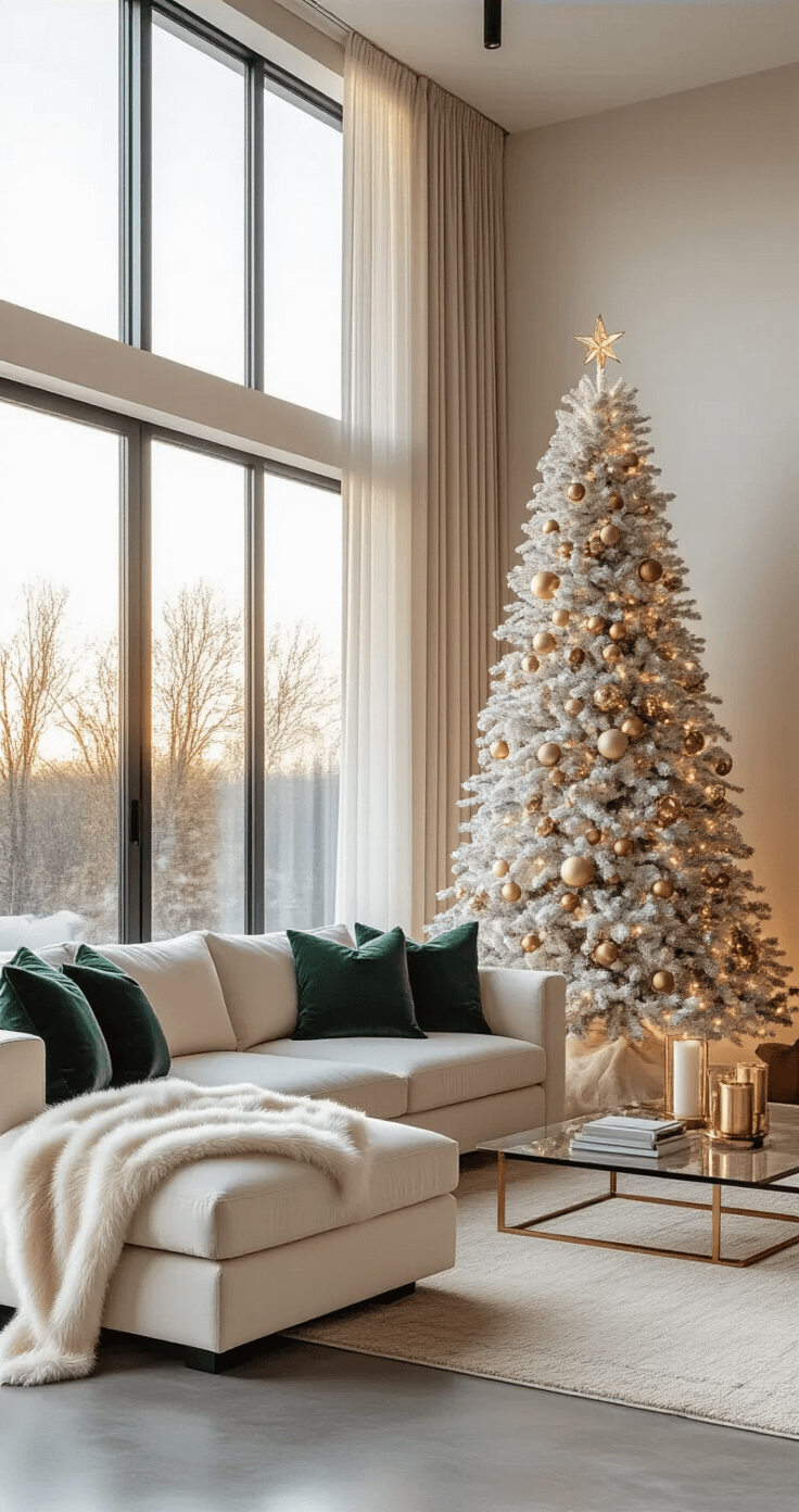 Photorealistic interior of a modern living room during golden hour featuring a 7-foot flocked Christmas tree with gold and crystal ornaments, a plush cream sectional sofa with forest green throw pillows, and polished concrete floors, all illuminated by soft natural light through sheer curtains.
