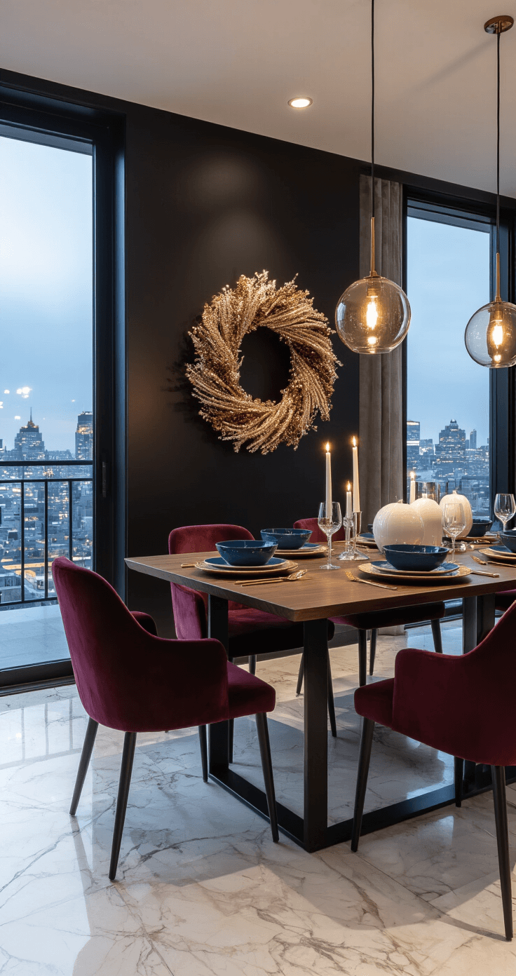 Wide-angle view of a contemporary dining room at dusk featuring a black accent wall, minimalist holiday wreaths of copper wire and white ceramic, a sleek walnut dining table with celestial blue plates and gold chargers, and burgundy velvet chairs, all illuminated by ambient lighting and city lights through floor-to-ceiling windows.