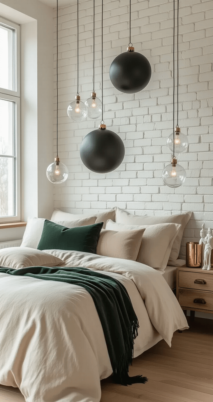 An intimate bedroom corner bathed in morning light, showcasing modern Christmas decor with large matte black and glass crystal baubles hanging from the ceiling. The bed features neutral linen bedding in cream and beige, accented by asymmetrically arranged deep forest green velvet pillows. A reclaimed wood floating nightstand holds copper candle holders and abstract holiday figurines, against a backdrop of a textured white brick wall and natural oak hardwood floors. The elevated camera angle captures the layered textures and serene atmosphere enhanced by soft natural lighting.