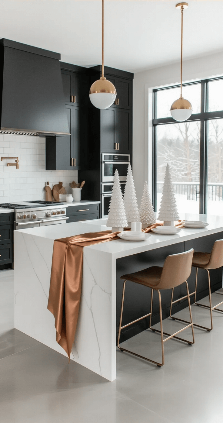 Expansive modern kitchen featuring a white quartz waterfall island with a copper and cream ribbon, white ceramic trees as a centerpiece, sleek matte black cabinetry, brass hardware, and large windows with a winter landscape view, all captured in afternoon natural light.