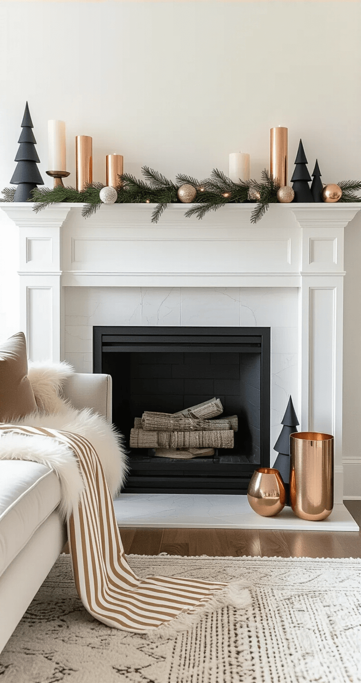 Sophisticated living room mantel styled with layered textures in soft morning light, featuring a modern fireplace, asymmetrical arrangement of candles in copper holders, faux fur garland with oversized striped ribbon, abstract holiday sculptures, plush seating area with velvet pillows, and natural hardwood floors.