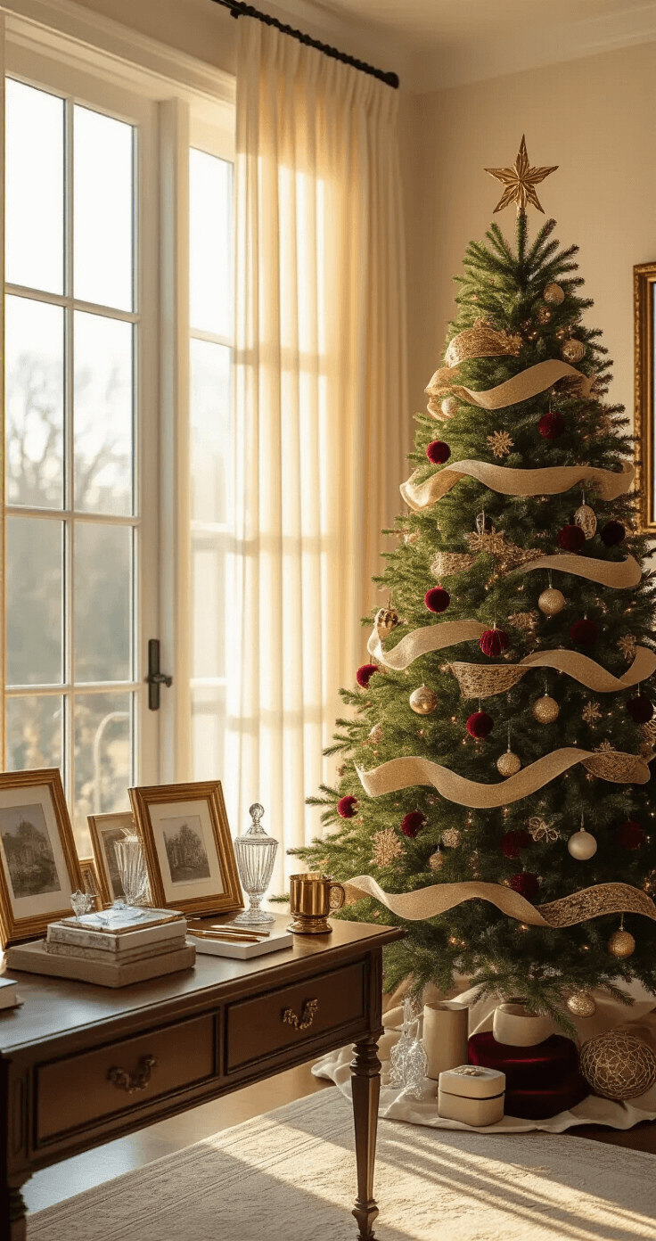 Luxurious living room with a 9-foot Fraser fir Christmas tree, golden hour sunlight streaming through sheer curtains, a mahogany console table adorned with crafting supplies, and rich textures from Persian rugs and leather furniture.