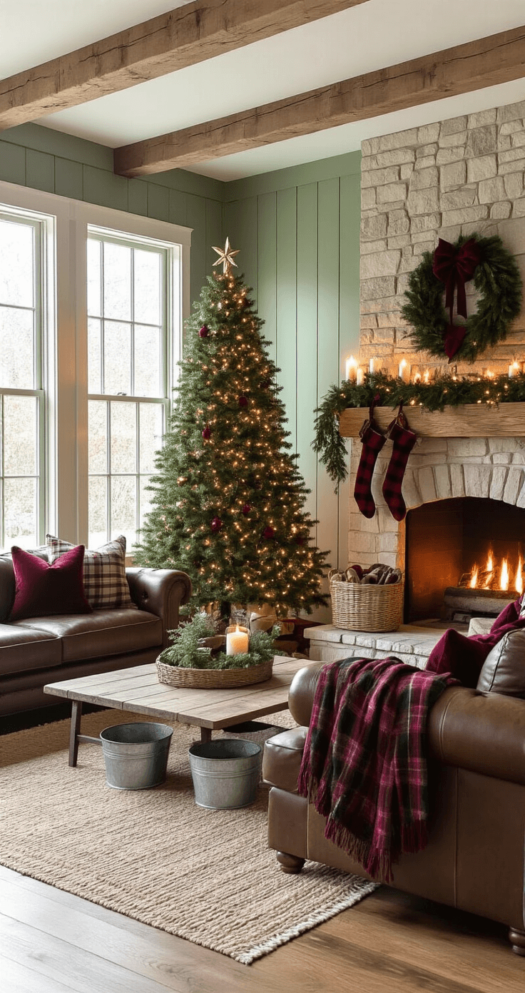 Cozy farmhouse family room decorated for Christmas with a Noble fir tree, stone fireplace, and warm lighting, featuring shiplap walls, wooden beams, and a leather sectional sofa adorned with plaid throws.