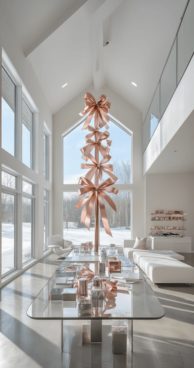 Modern minimalist interior featuring an 8-foot Nordmann fir tree adorned with rose gold and platinum ribbons, set against polished concrete floors and floor-to-ceiling windows revealing a snowy landscape. The space includes sleek white lacquer furniture and chrome accents, with an organized crafting station for bow-making tools, all highlighted by high-contrast lighting.