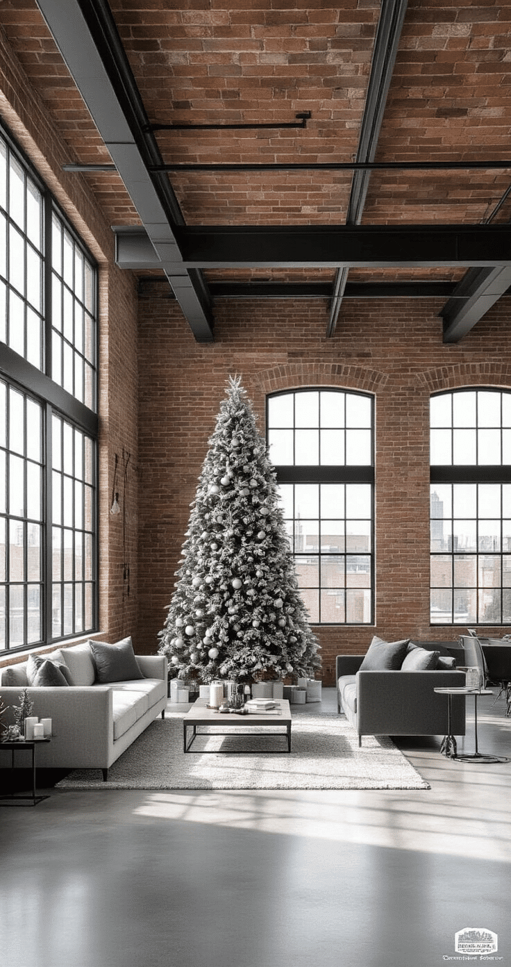 A contemporary loft apartment features exposed brick walls and industrial beams, showcasing a sleek 7-foot Fraser fir arranged with overcrowded sections contrasted against well-spaced bow arrangements in charcoal, silver, and white ribbons, all illuminated by bright morning light from large factory windows. Modern neutral furniture complements the polished concrete floors, while a professional photography setup captures before-and-after styling techniques. The scene presents a clean monochromatic palette with metallic accents, ideal for holiday design inspiration.