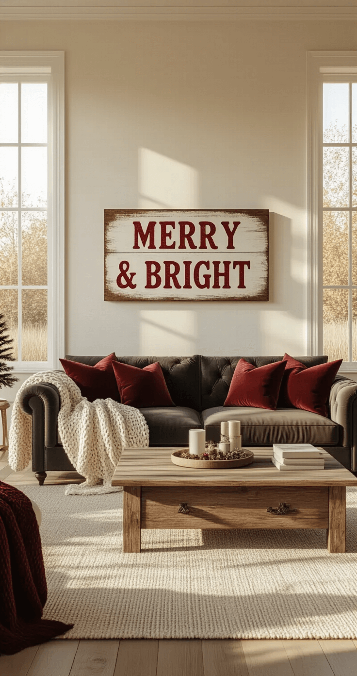 Photorealistic interior of a spacious living room during golden hour, featuring warm sunlight, cream-colored walls, a rustic wooden Christmas sign reading 'Merry & Bright' above a charcoal velvet sofa, decorated with ivory knit blankets and burgundy pillows, a reclaimed wood coffee table, and a cozy farmhouse Christmas vibe.