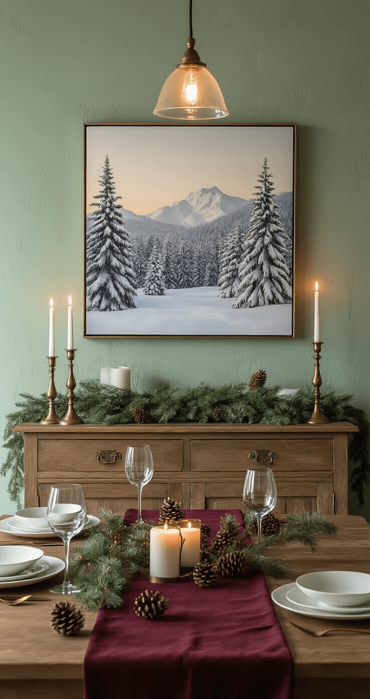 Intimate dining room scene during twilight with warm pendant lighting, textured sage green walls, a winter landscape canvas, rustic oak sideboard with brass candlesticks, a rich burgundy table runner, white ceramic dinnerware, scattered pinecones, and an antique brass mirror reflecting candlelight, all creating a cozy holiday elegance.