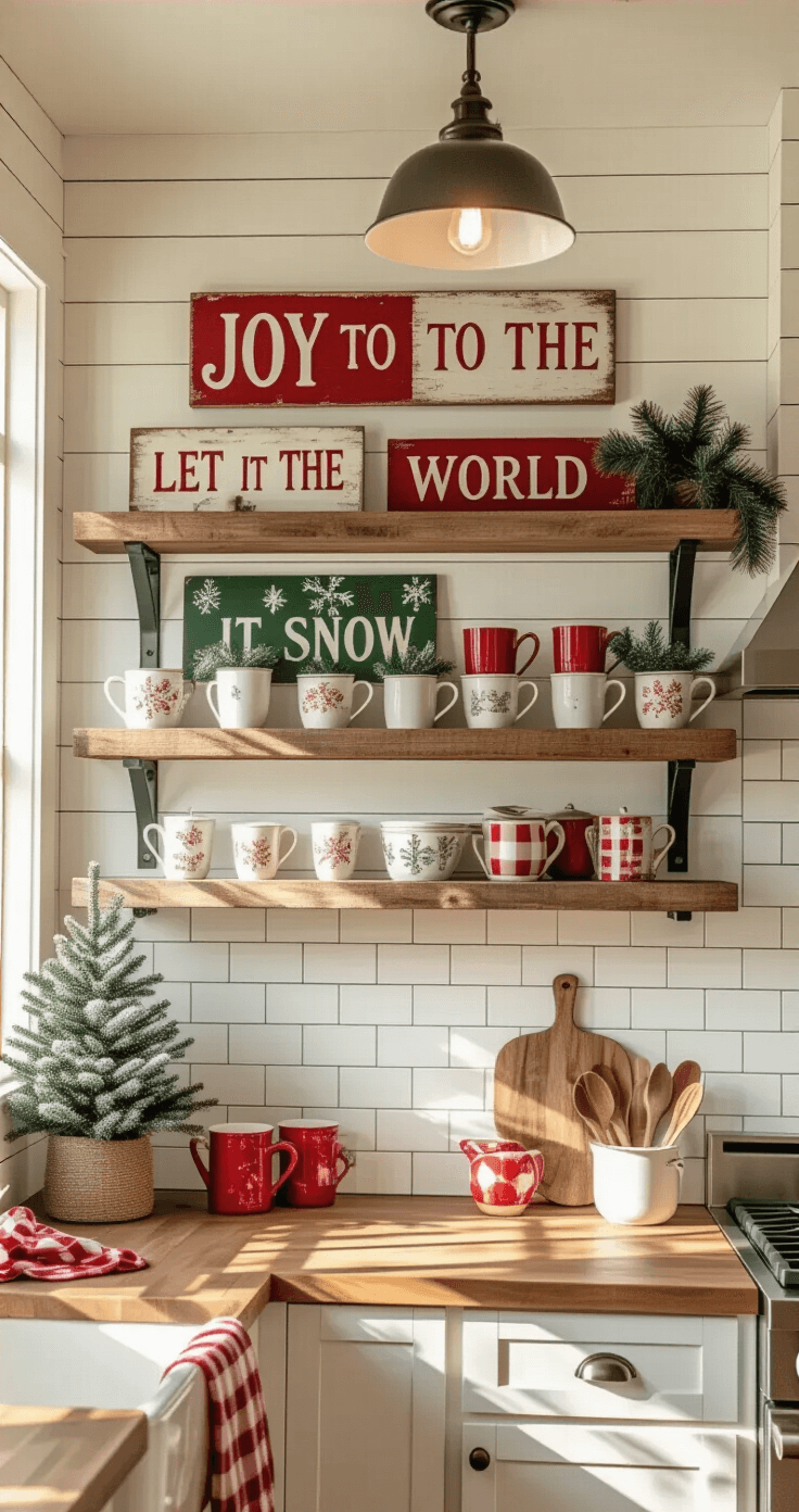 Spacious farmhouse kitchen with white shiplap walls adorned with rustic wooden Christmas signs, showcasing a vignette with 'Joy to the World' and 'Let it Snow.' Open floating shelves hold vintage ceramic holiday mugs and greenery, complemented by butcher block countertops and a subway tile backsplash. Warm afternoon sunlight creates a cozy atmosphere enhanced by professional lighting and red and white checkered textiles.