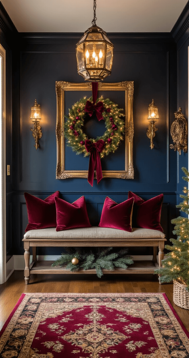 Elegant evening entryway with dramatic pendant lighting, navy accent wall adorned with a holiday wreath, antique brass mirror reflecting fairy lights, rustic bench with jewel-toned pillows, Persian runner, vintage coat hooks, and pine boughs, creating a luxurious holiday atmosphere.