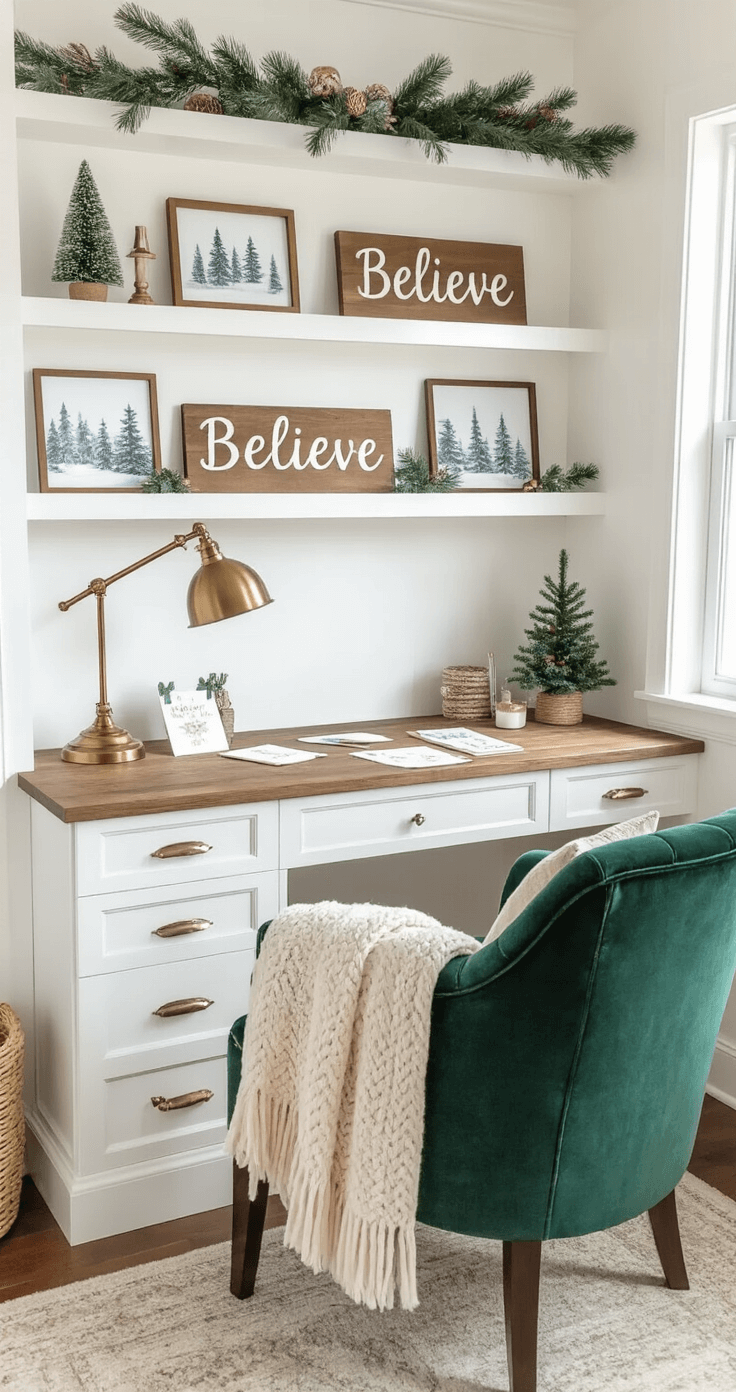 Stylish home office nook with built-in shelving adorned with holiday decorations, featuring canvas prints and wooden signs, a reclaimed wood desk with festive cards and evergreen, and a cozy emerald velvet chair.