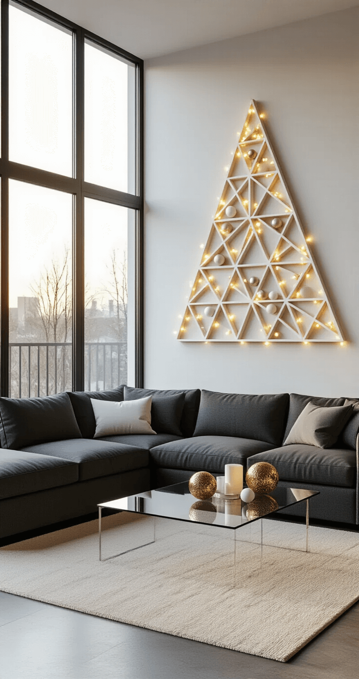 Photorealistic modern living room with a geometric wall Christmas tree, featuring a charcoal sectional sofa, polished concrete floors, and warm golden hour lighting.