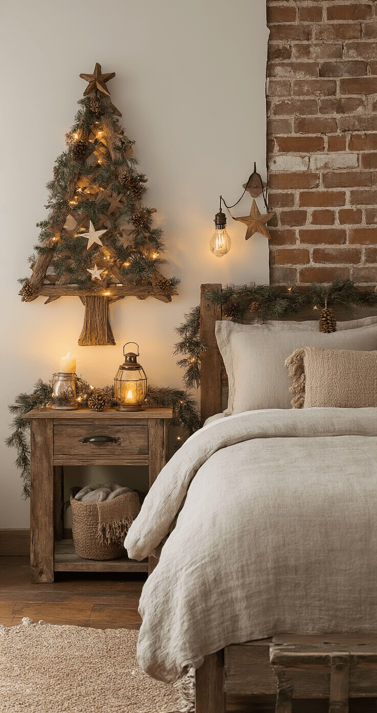 Cozy rustic bedroom corner with a wall-mounted Christmas tree, featuring a reclaimed barn wood bed and warm evening lamplight, showcasing weathered wood accents, earthy ornaments, and vintage textures for a nostalgic Christmas atmosphere.