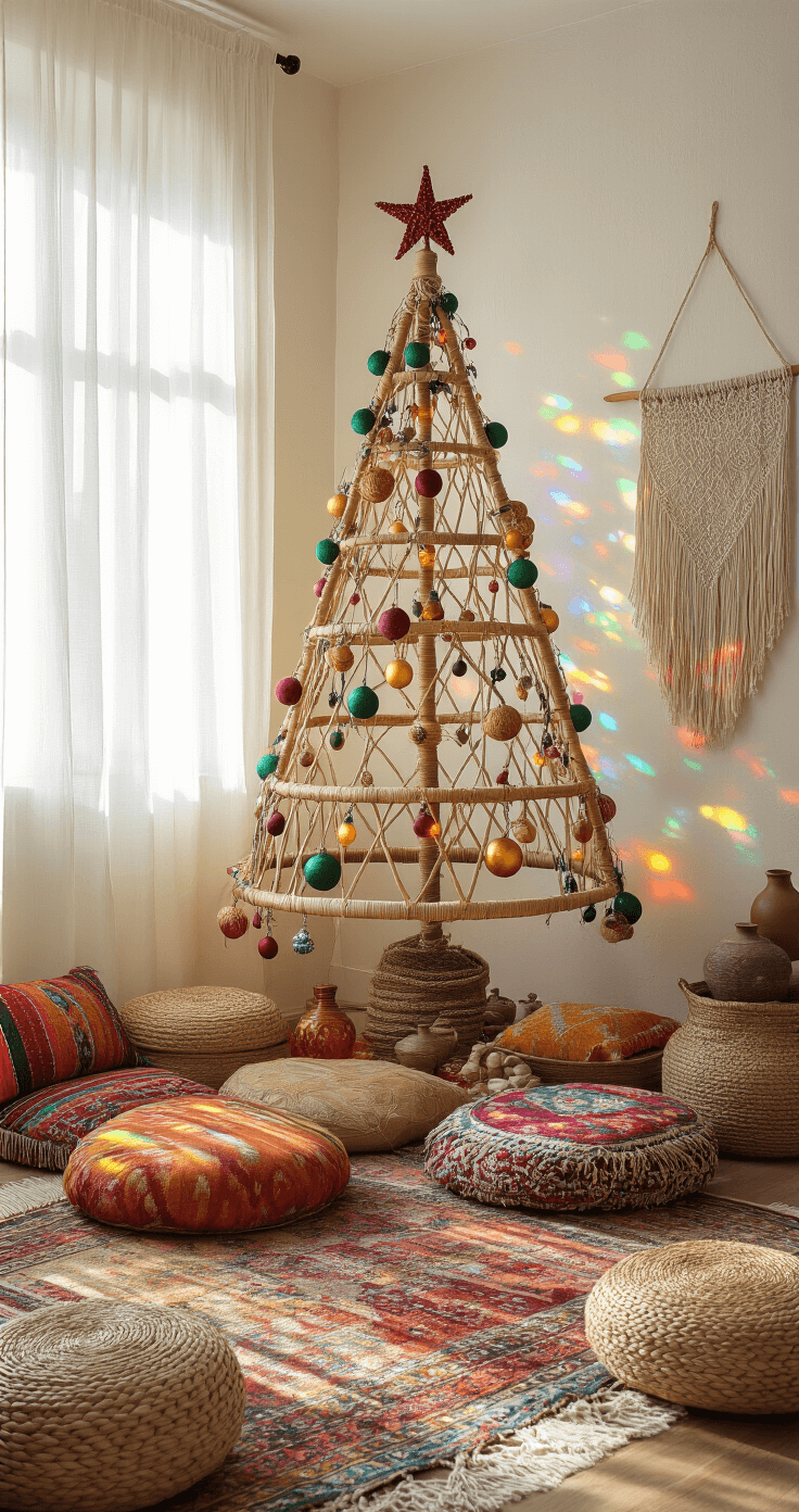 Vibrant boho-chic living space decorated for Christmas, featuring a wall Christmas tree made of woven rattan and adorned with jewel-toned ornaments, surrounded by colorful Moroccan floor cushions, macramé hangings, and layered textiles; bathed in bright morning sunlight with string lights creating rainbow reflections.