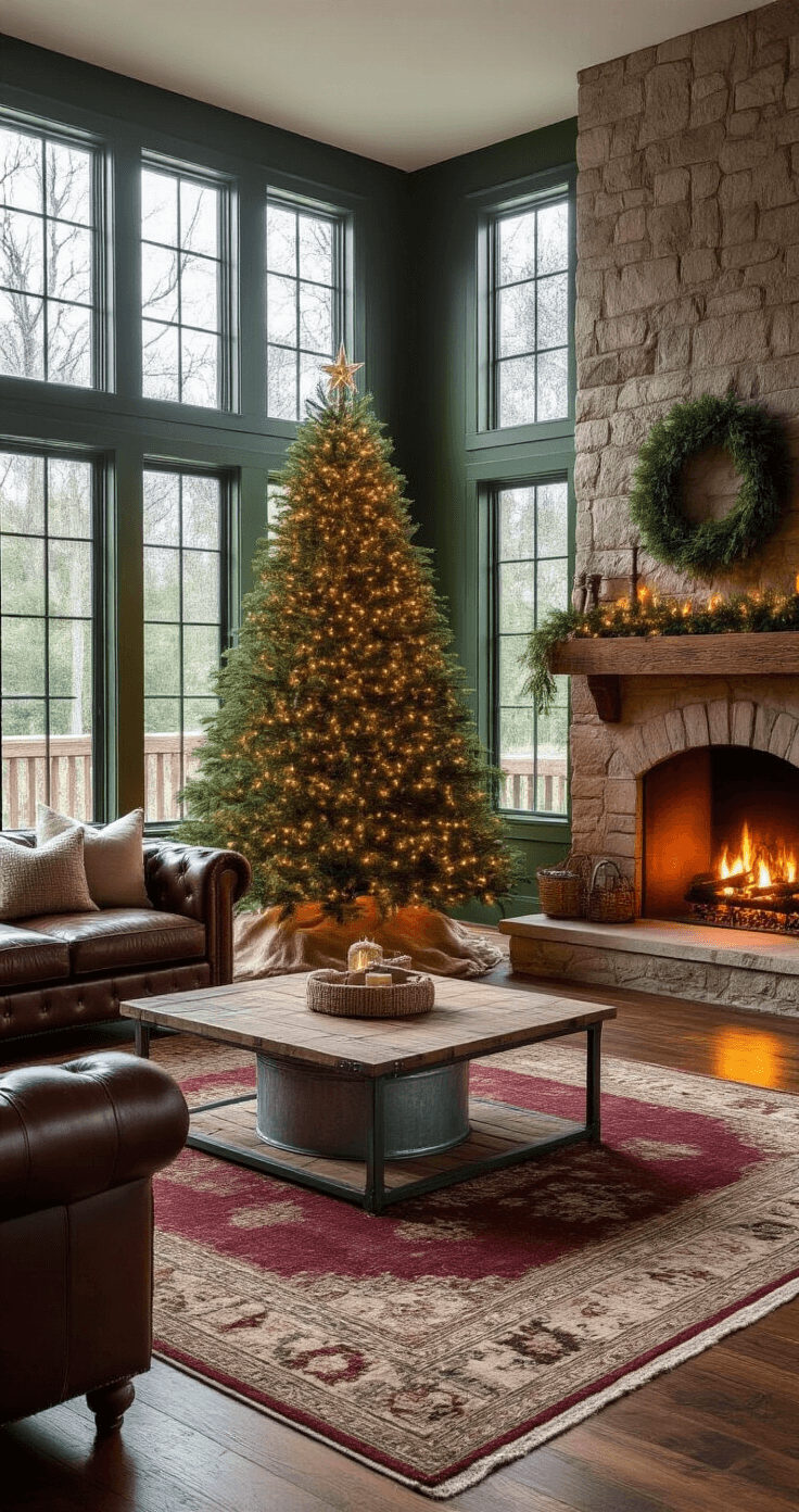 Photorealistic interior of a spacious living room at golden hour, featuring a 7-foot Fraser fir Christmas tree in a galvanized bucket, warm white fairy lights, deep forest green walls, mahogany hardwood floors with a vintage rug, a stone fireplace, and rustic wooden furniture, all creating a cozy, inviting atmosphere.