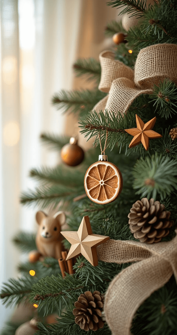 Close-up of rustic Christmas tree decorations featuring burlap ribbon, wooden ornaments, dried orange slices, cinnamon stick stars, and woodland creature figurines, illuminated by soft morning light. The scene displays a warm color palette with deep greens, browns, and touches of burnt orange, emphasizing organic textures and a cozy, handcrafted atmosphere.