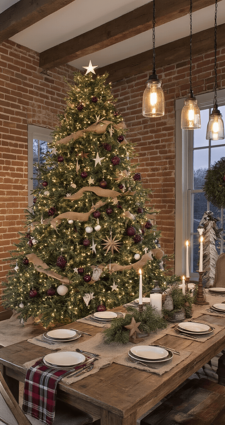 Wide-angle view of a cozy farmhouse dining room at dusk featuring a rustic Christmas tree adorned with deep greens, browns, and burgundy. Exposed brick walls, reclaimed wood beams, and warm ambient lighting enhance the inviting atmosphere with a distressed wooden table set for dinner nearby.