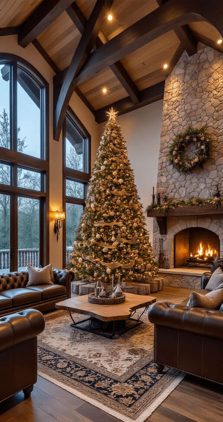 Elegant great room at twilight featuring a 9-foot Noble fir Christmas tree decorated with burlap ribbon and artisan ornaments, high vaulted ceilings with dark wood beams, a grand stone fireplace, luxurious furnishings, and a rich color palette of browns, greens, and copper accents.