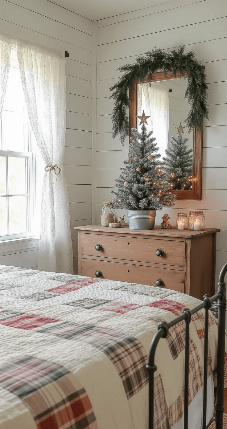 Charming cottage-style bedroom with a rustic tabletop Christmas tree in a galvanized bucket, soft light filtering through lace curtains, vintage wooden dresser, and a wrought iron bed framed by a patchwork quilt.