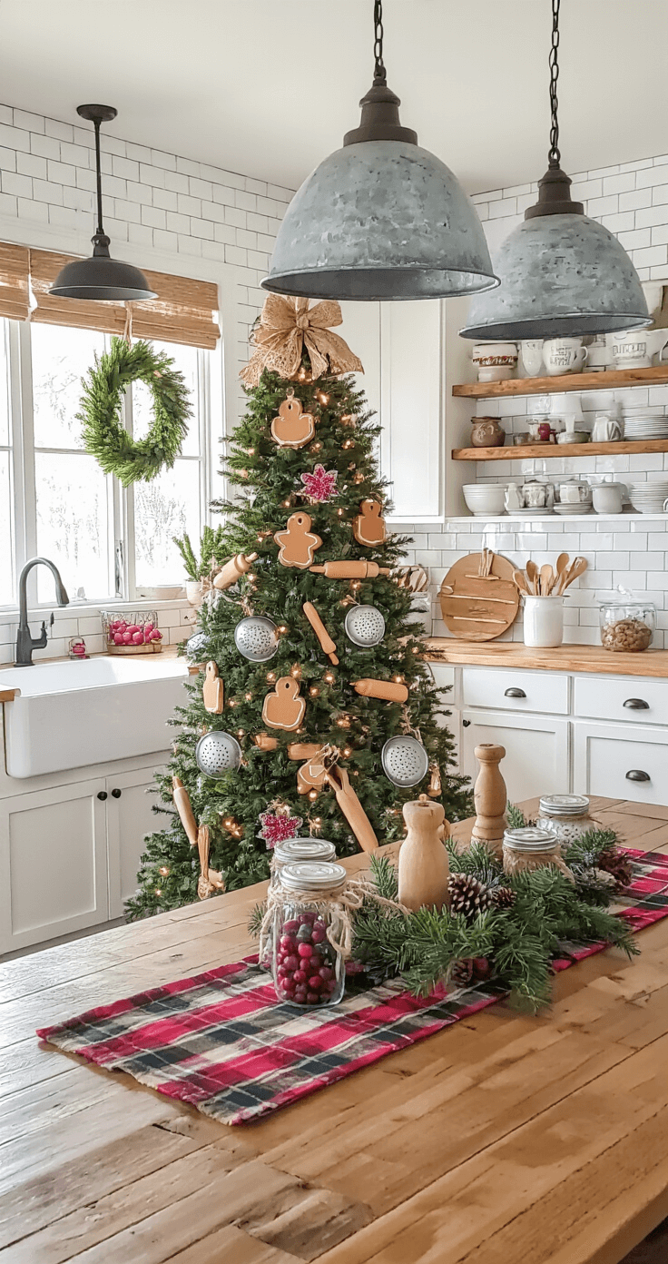 Rustic kitchen and dining area featuring a 7-foot Christmas tree adorned with practical ornaments, surrounded by holiday pottery, vintage mason jars, and a farmhouse table set for the season, all illuminated by cozy pendant lighting.