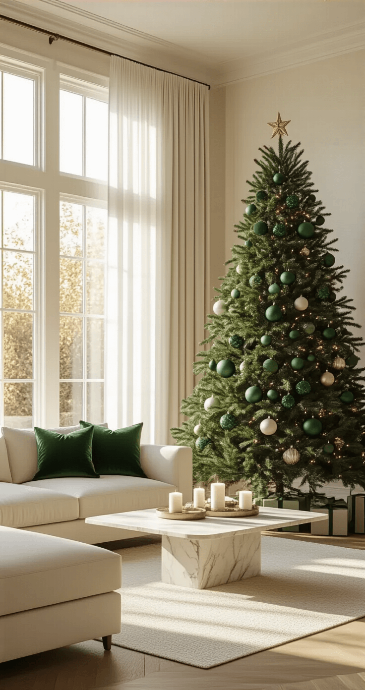 An elegant living room at golden hour featuring a beautifully decorated 8-foot Fraser fir Christmas tree beside floor-to-ceiling windows with sheer white curtains, warm sunlight illuminating cream-colored hardwood floors, a plush ivory sectional sofa with emerald velvet pillows, and a marble coffee table adorned with pine-scented candles.