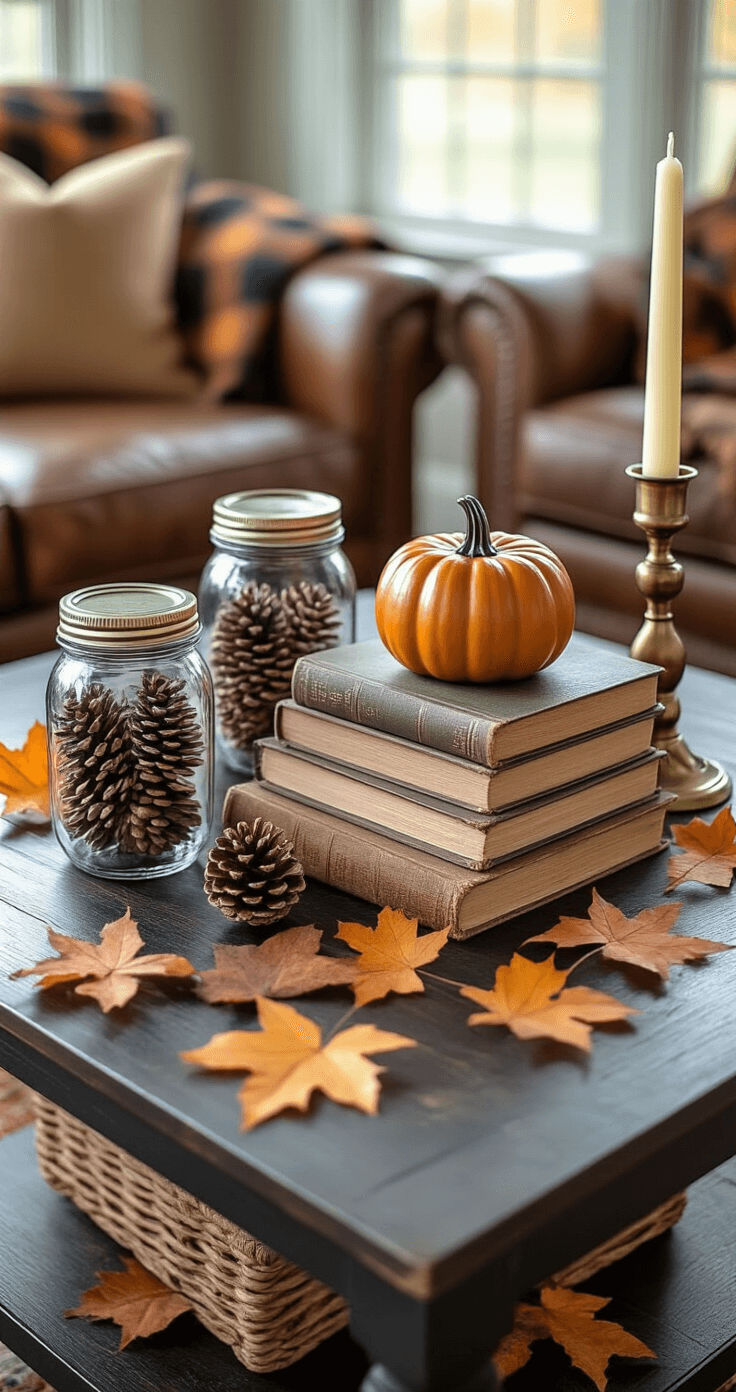 Tabletop arrangement featuring mason jars with pinecones, vintage books, a ceramic pumpkin, and a brass candleholder on a dark wooden coffee table, enhanced by natural daylight and scattered dried autumn leaves, with a leather armchair and plaid throw in the background.
