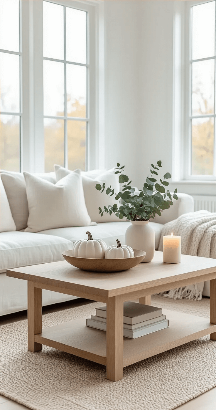 Bright Scandinavian-inspired living room with light oak coffee table styled for fall, featuring a wooden bowl with white ceramic pumpkins, eucalyptus plant, and beeswax candle, surrounded by a cream linen sofa on light hardwood floors and white walls, emphasizing clean lines and serene atmosphere.