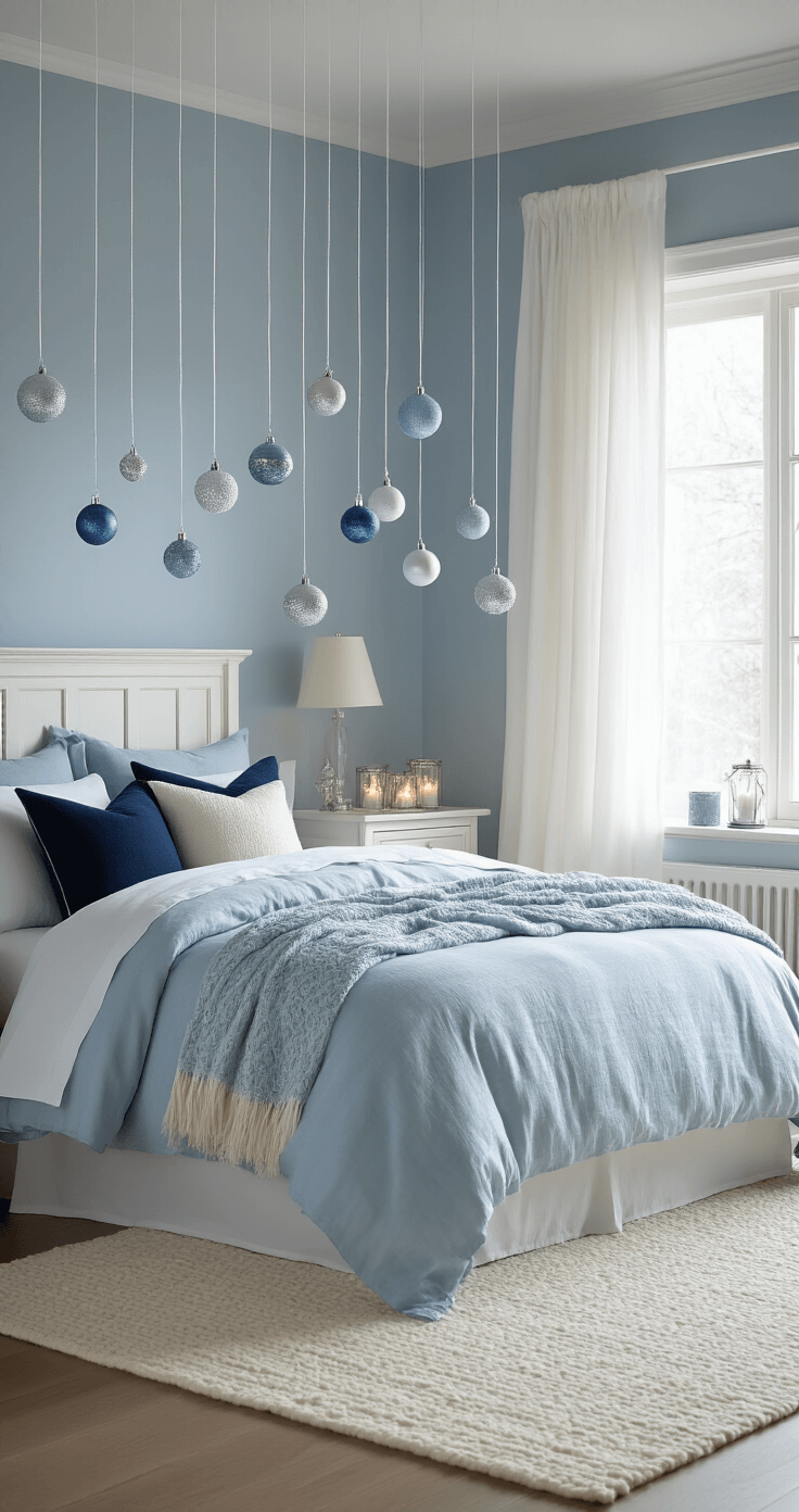 Dreamy master bedroom with serene blue Christmas decor, featuring a king-size bed with powder blue and cream bedding, floating silver and pale blue ornaments, and illuminated by soft morning light filtering through white linen curtains.
