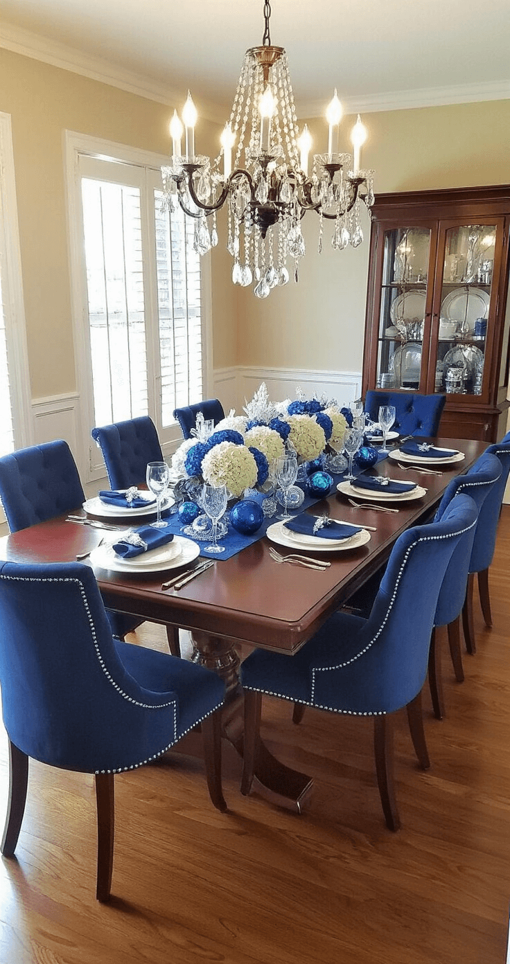 Elegant blue-themed Christmas dining room setting with a rich mahogany table, white china, navy linen napkins, and silver accents, featuring a stunning centerpiece of blue hydrangeas and glass ornaments, under a wrought iron chandelier.