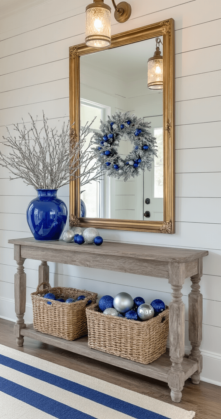 A charming entryway foyer styled for Christmas with blue decorations, featuring a weathered wood console table, a large blue ceramic vase with silver branches and blue ornaments, a vintage brass mirror, and a navy and cream striped runner, all illuminated by a pendant light.