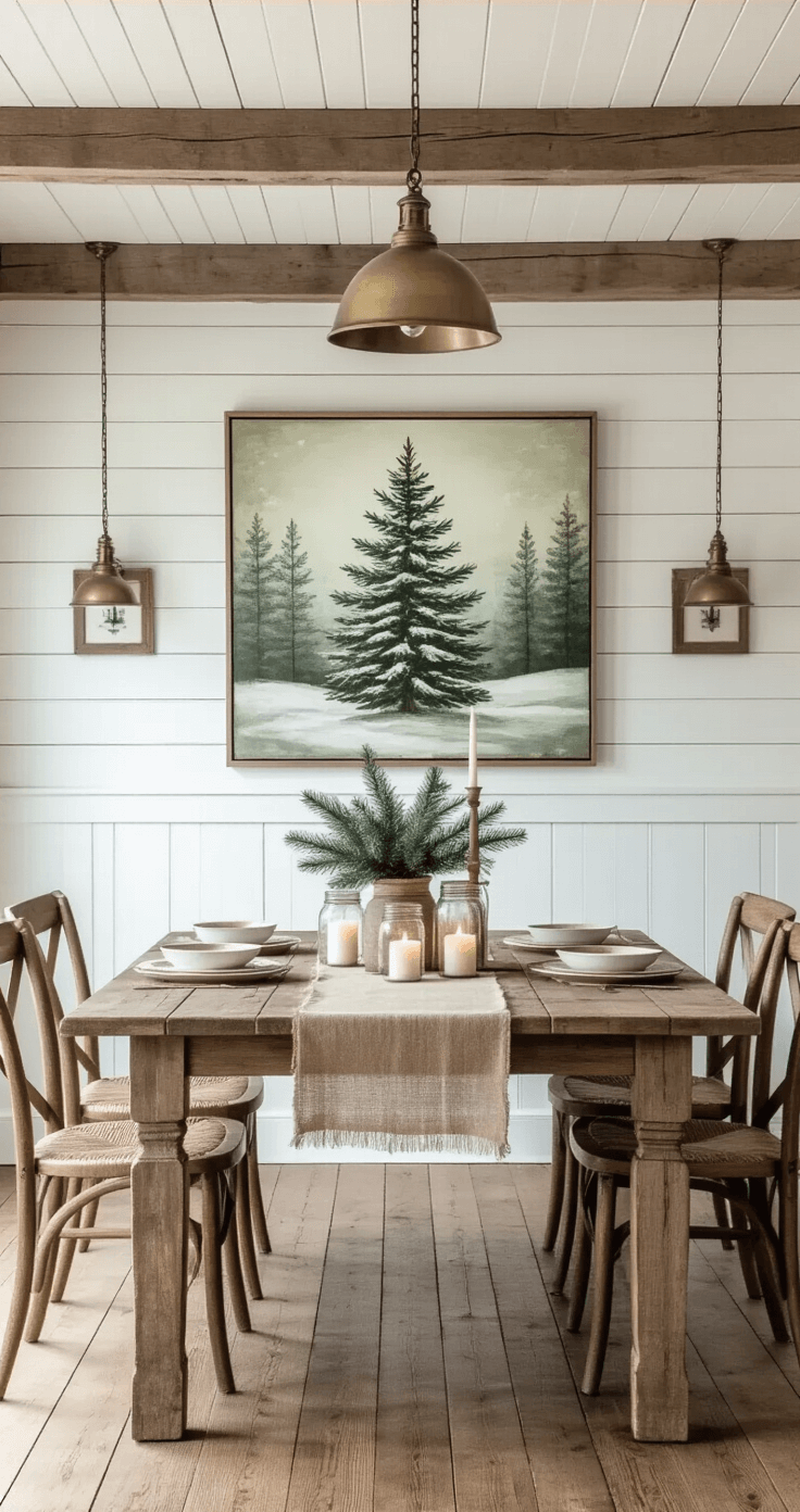 Rustic farmhouse dining room with a woodland-style Christmas tree painting above distressed white shiplap wainscoting, vintage brass pendant lights illuminating a reclaimed barn wood dining table set for eight with mismatched vintage chairs, burlap table runner, mason jar centerpieces, and flickering candles, all on wide-plank oak floors beneath white-painted exposed ceiling beams.