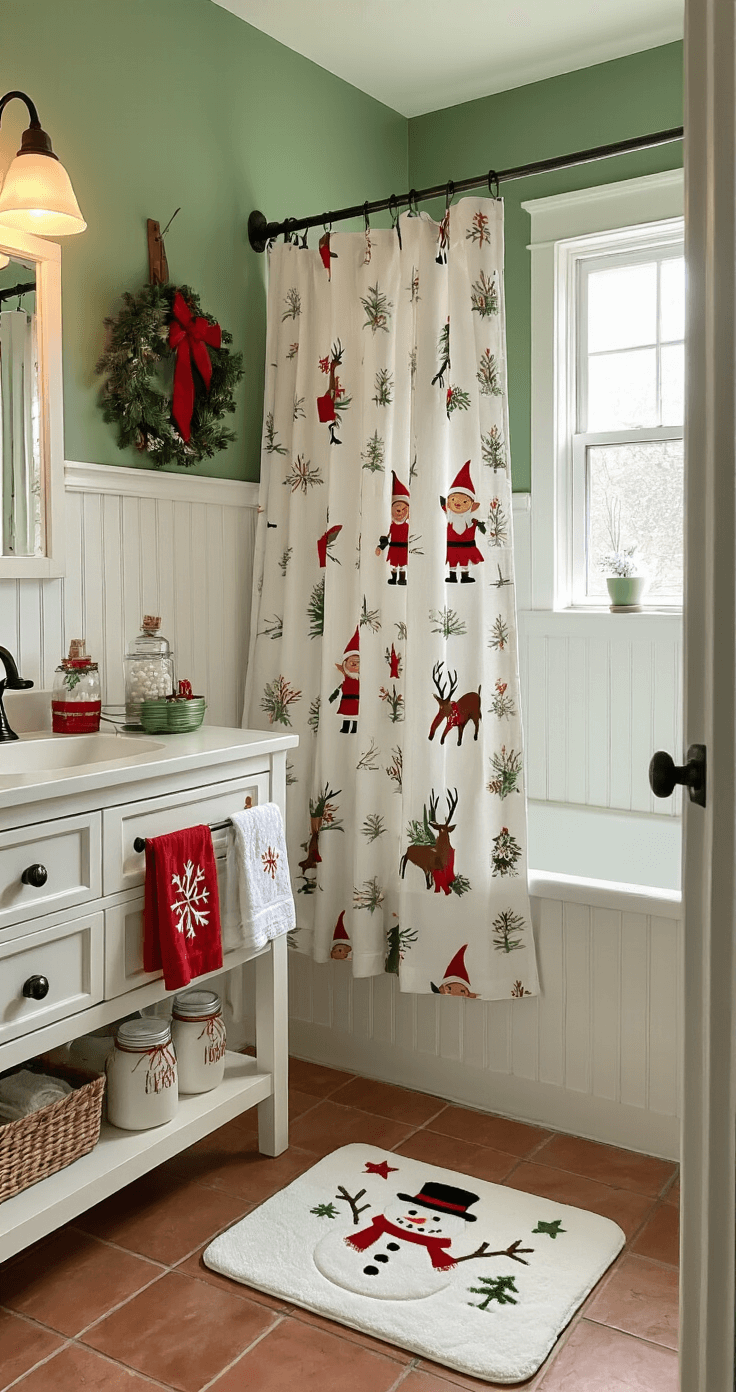 Cozy family bathroom decorated for Christmas with sage green walls, white beadboard wainscoting, whimsical shower curtain featuring elves, DIY mason jar soap dispensers, coordinating holiday towels, and a cheerful snowman bath mat, all illuminated by warm evening light.