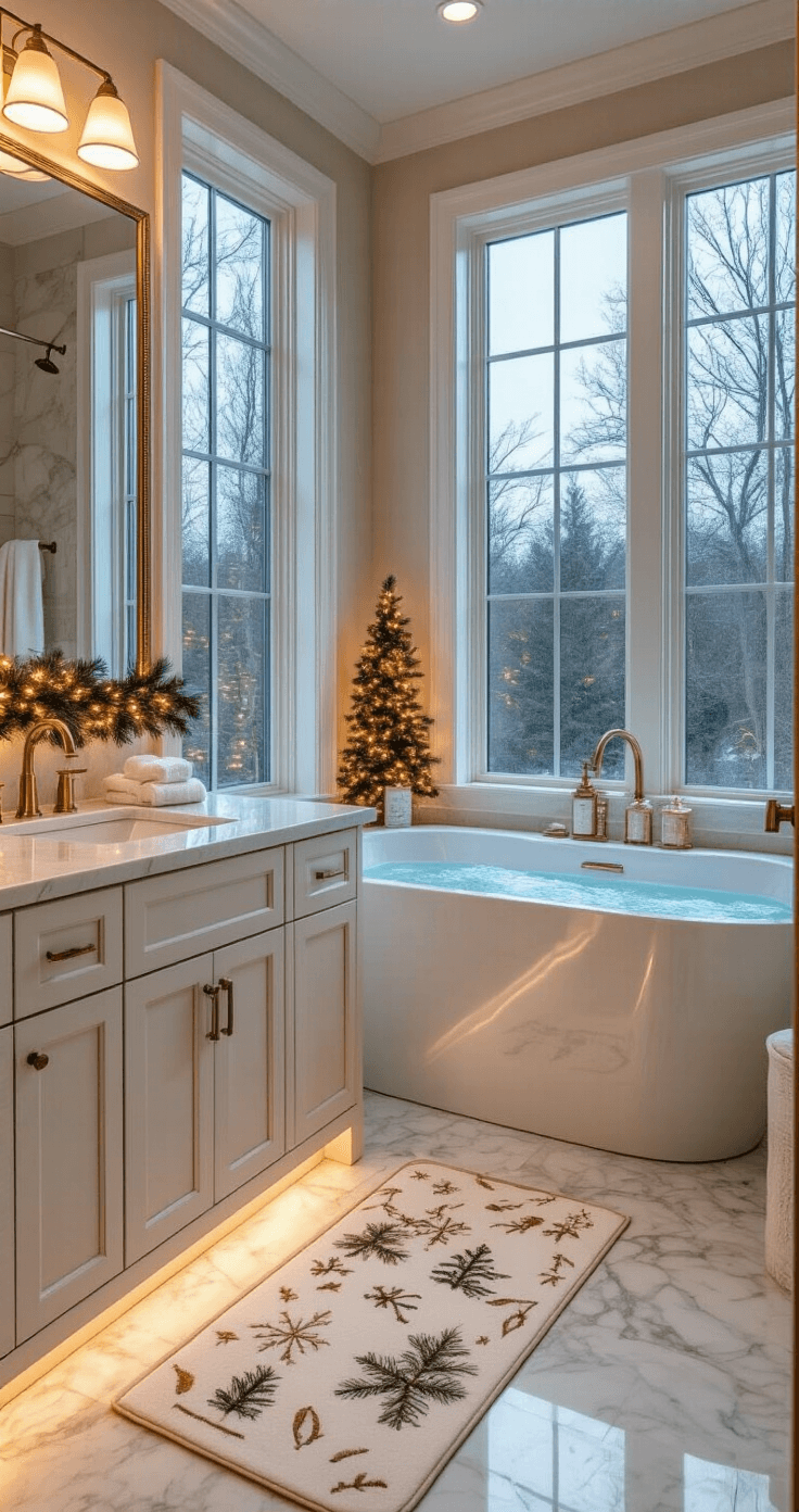 Spa-like master bathroom styled for Christmas, featuring a freestanding soaking tub with garland, marble double vanity, luxury shower curtain, premium towels, and heated marble floors, all captured during blue hour with soft lighting.