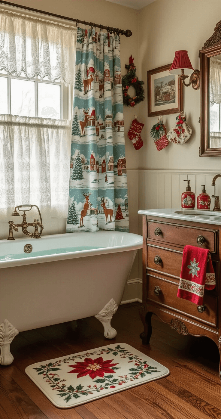 Vintage-inspired bathroom adorned with nostalgic Christmas decor, featuring a clawfoot tub, antique vanity, and embroidered holiday towels, all bathed in warm morning light.