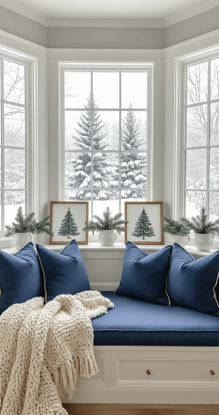 Cozy reading nook with a built-in window seat featuring navy blue cushions and brass studs, beneath a bay window overlooking snow-covered evergreens, adorned with hand-painted watercolor Christmas tree illustrations and white ceramic planters. The serene atmosphere is enhanced by soft gray walls, white trim, and a chunky knit throw, with natural overcast light illuminating the space.